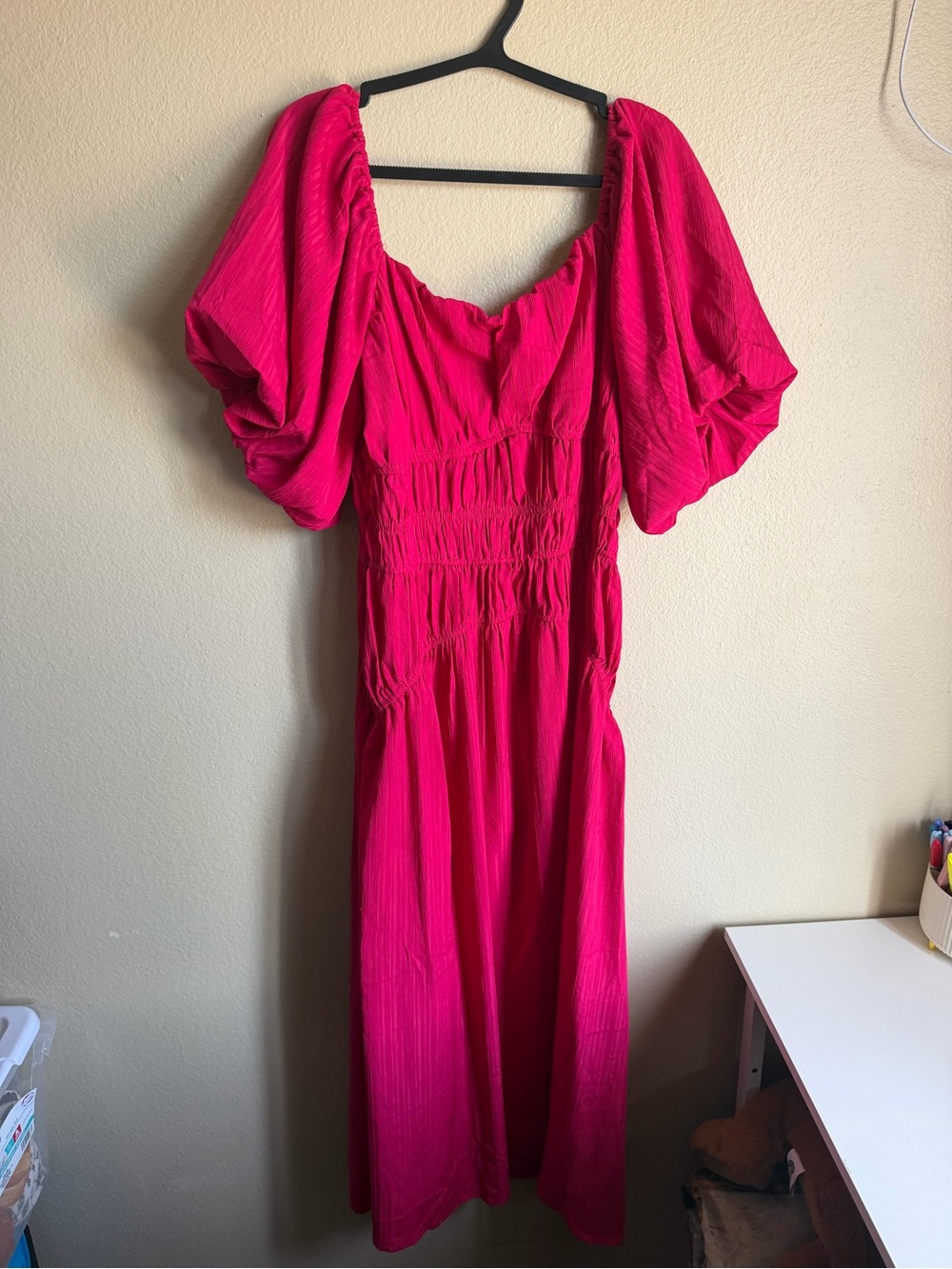 Hot Pink Puff-Sleeve Maxi Dress with Smocked Bodice